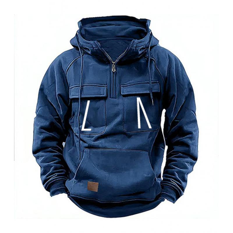 2024 Vintage Men's Distressed Hooded Sweatshirt with Multi-Pocket Zipper