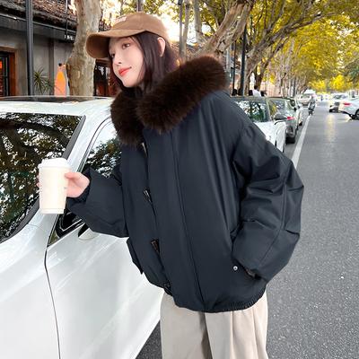 Down Jacket Women's Workwear Parka Fur Collar Hooded Horn Button Coat Winter Loose and Thickened