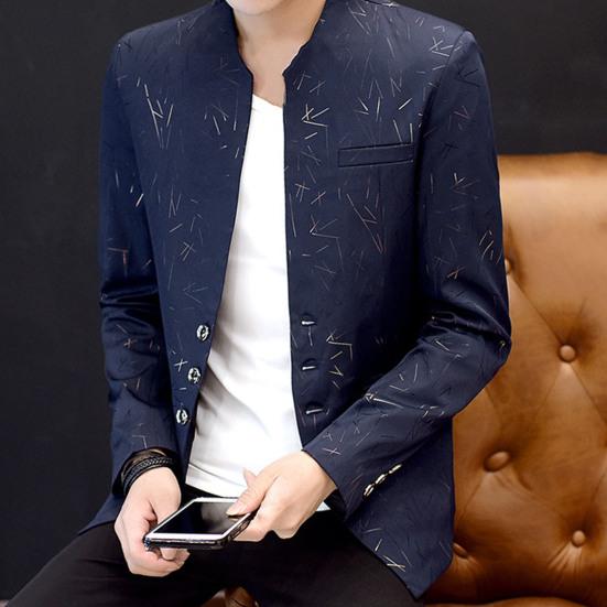 Herrkavaj Vintage Tryck Koreansk Stil Vår Höst Ståkrage Fickor Knappar Kavaj för Affärer