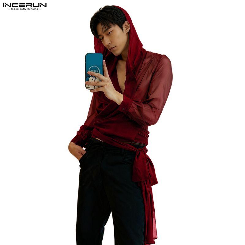 INCERUN Oversized Men V Neck Long Sleeve Bandage Transparent Loose Hooded Tops T-shirts