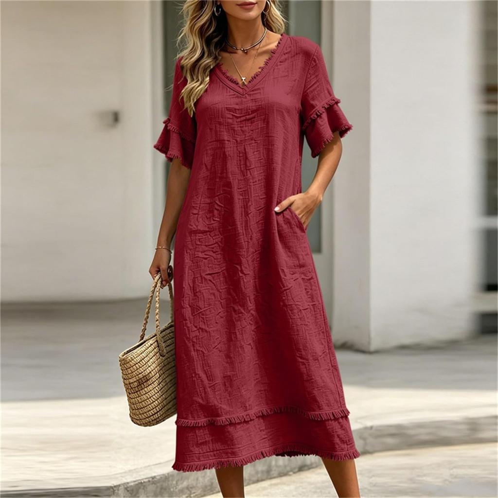 Women's Casual Loose Fit Midi Dress V Neckline Half Sleeve Ruffle Trim Lightweight Summer Dress