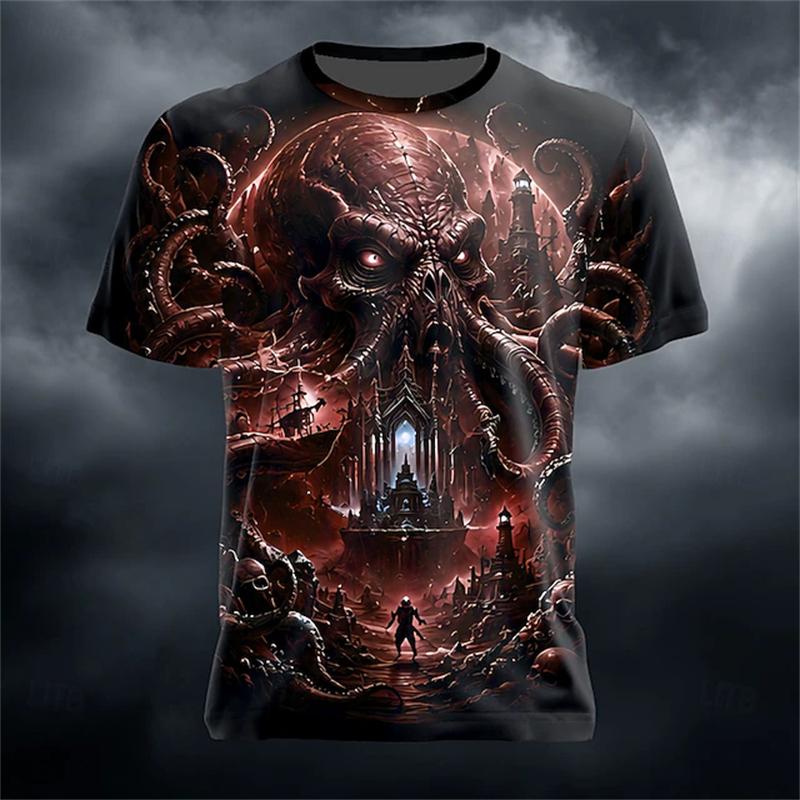 Men's New Summer Fashion Trend Round-Neck T-Shirt Giant Ram Skull Castle Wizard Dark Magic Hell Halloween-Themed Short-Sleeve