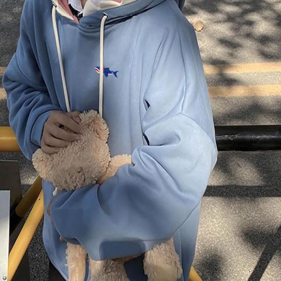 Fun Shark Patch Hooded Sweater Cozy And Stylish Sporty Casual Loose Trendy Couple's Pullover for Autumn