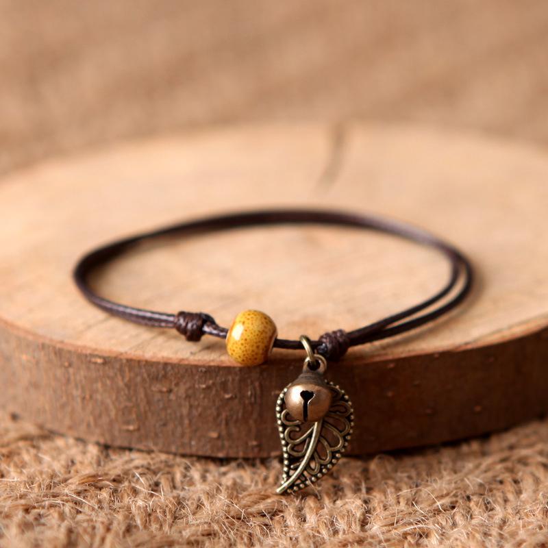 Ethnic Style Anklet For Women Vintage Bronze Leaf & Bell With Colorful Ceramic Bead Pendant On Leather Rope