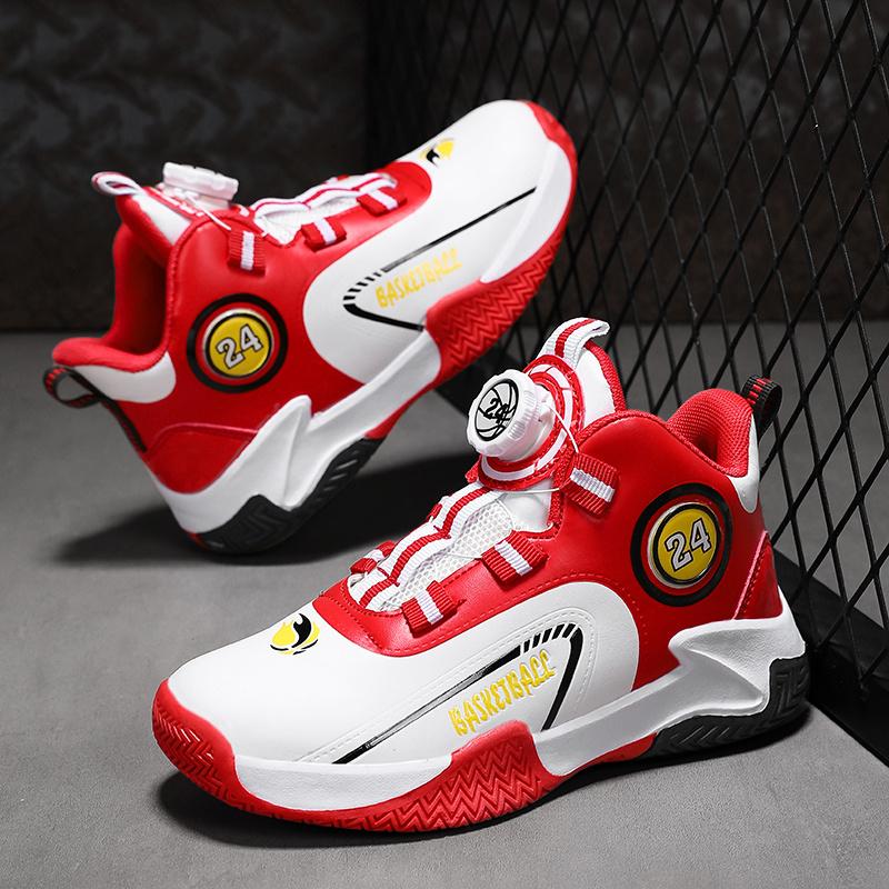 Brand Kids Basketball Shoes Rotary Buckle Design Boys Sneakers High Top Non-slip Leather Children Sports Shoes tênis de basquete