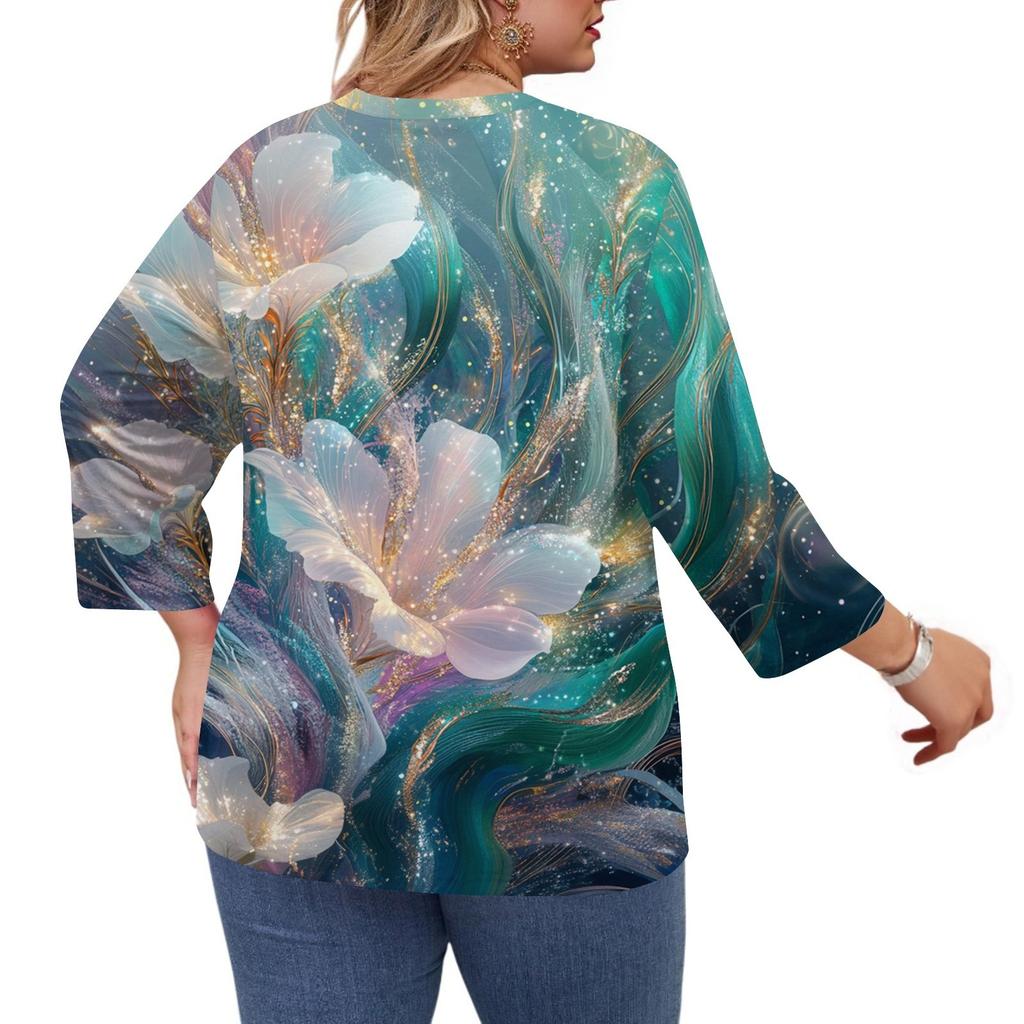 Women's Printed Round Neck Plus Size Tops 3/4 Sleeves Elegant Shirt Tops