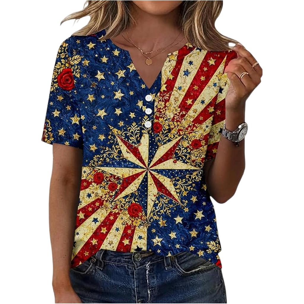 Women’s Short Sleeve Henley Neck T Shirt with Flag and Floral Print Button Casual Loose Fit Top