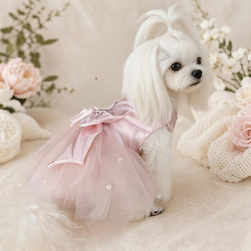 Pink Pearl Bow Tutu Dress Cats Dogs Premium Party Gown Pet Photo Shoots Celebrations