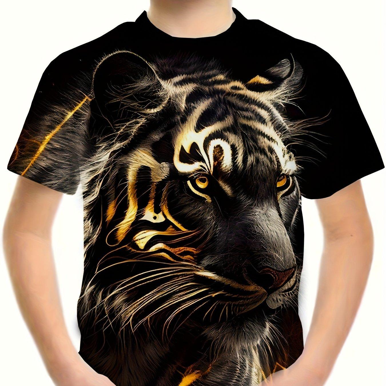 Kinderkleidung Jungen T-Shirt Kurzarm Stilvoller 3D Tiger Print Kinder Sommerkleidung Cartoon Lässige Rundhals Mädchen Kleidung 130