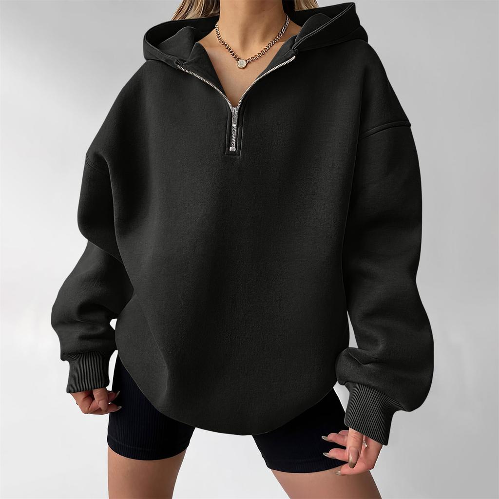 Women's casual fashionable long-sleeved hooded pullover with half-zip on the chest
