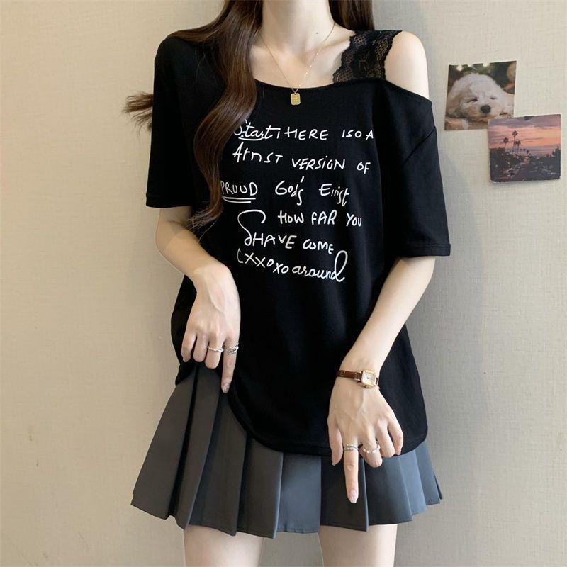 Plus Size Women's Off-the-Shoulder Letter Print T-Shirt - Short Sleeve, Loose Fit, Summer Fashion Top