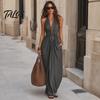 Lässiges Neckholder-Faltenkleid Damen Nacken Maxikleid, Tiefes V Ärmellos Schlankmachend Langer Rock Strandurlaub Sommerkleid, Sommer Fließend mit Taschen