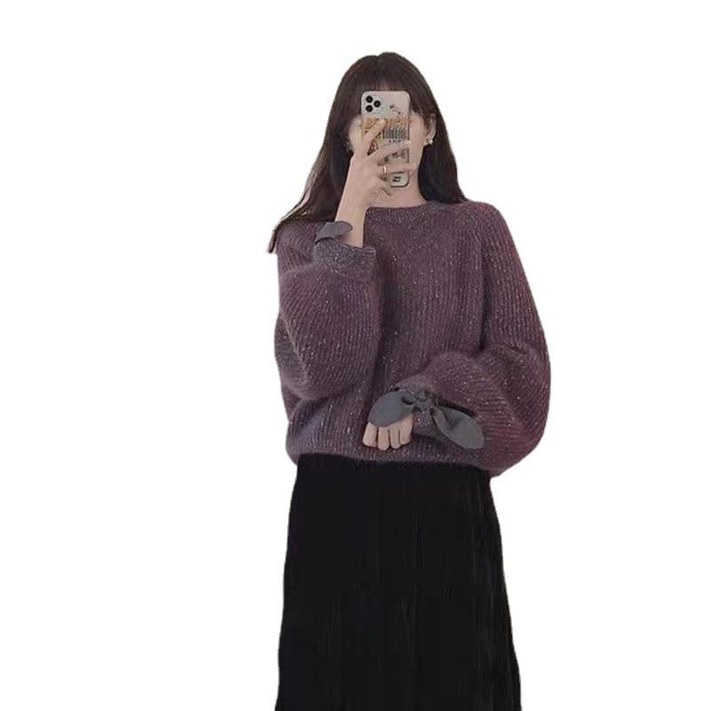 2025 Women's Korean-Style Lantern Sleeve Bow Sweater