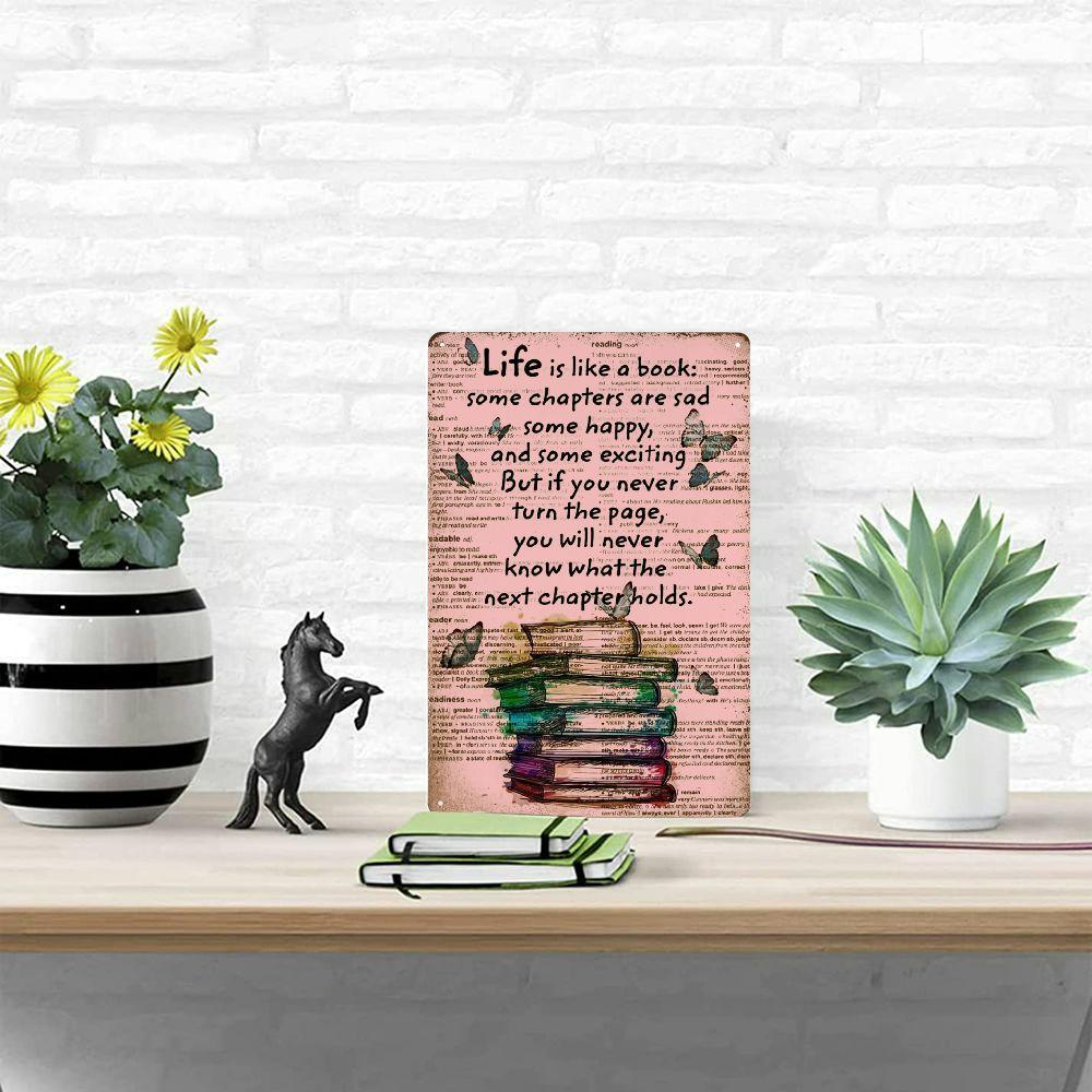 Retro Metal Wall Sign Life is Like a Book Featuring Colorful Stacked Books and Butterfly Design with Inspirational Quotes