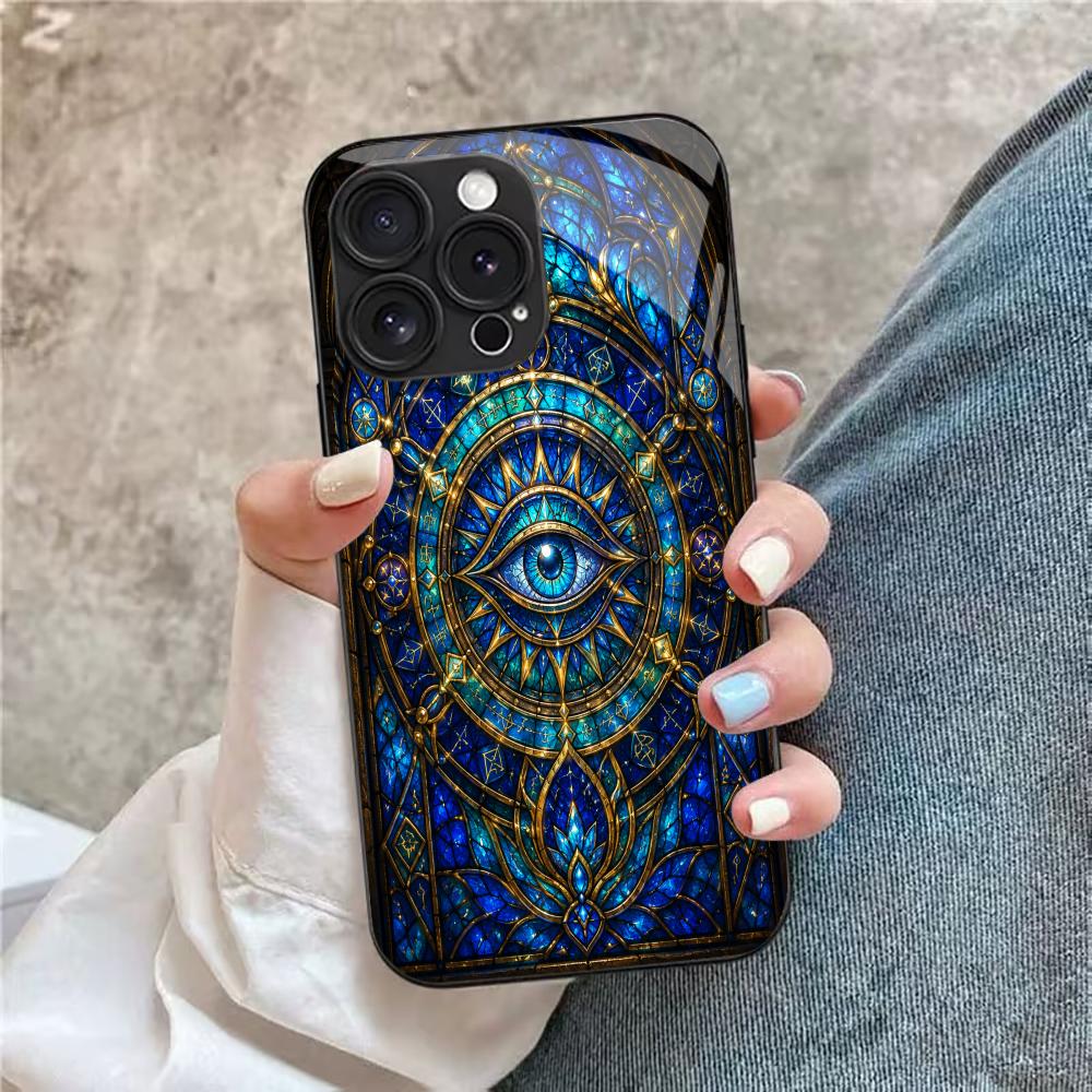 Mystic Eye Black Tempered Glass Phone Case For iPhone 17 16 Pro Max 15 Plus 14 13 12 Fingerprint Shockproof Hard Back Cover