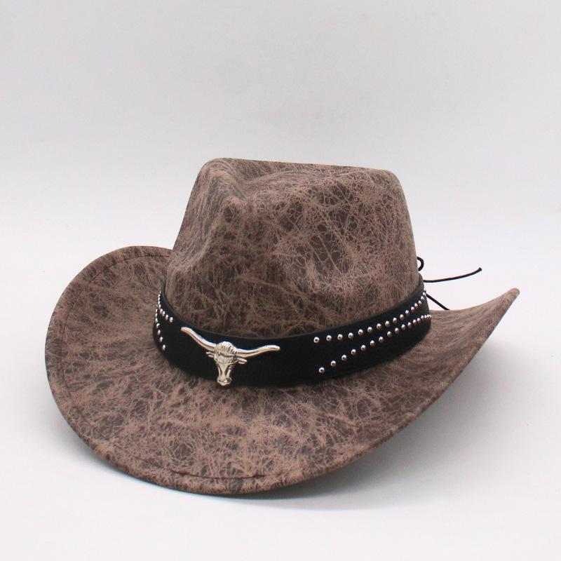 Charm Clothings Women's Silver/Beige Western Crimped Denim Felt Hat Celebrity Style Metal Bull Head Premium Woolen Jazz Top Hat Cm