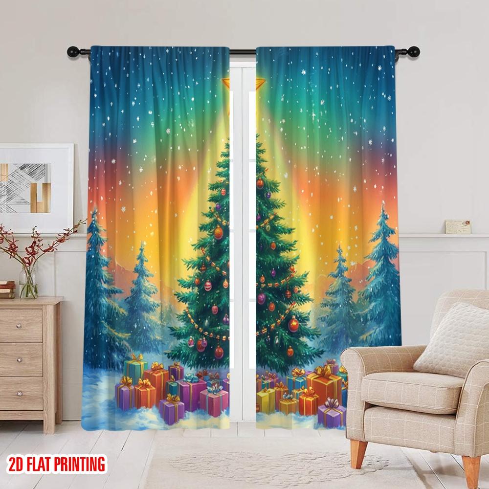 2pcs,2D Plane Printing Contemporary Curtains Christmas Tree Gifts Snowfall 100% Polyester (without Rod) Festive Ldeal for