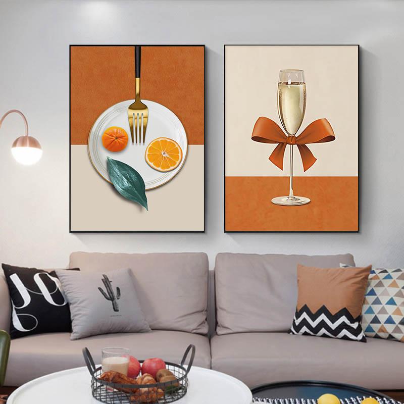 Solid Wood Frame Abstract Wine Glass Orange Fork Plate Bow Restaurant Tableware Canvas Painting for Living Room Restaurant Decoration