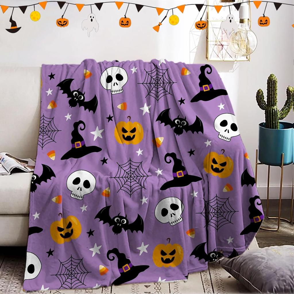 Halloween Pumpkin Bat Witch Hat Flannel Throw Blanket, Spooky Ghost Spider Web Print Soft Warm Blanket for Sofa Bed Holiday Home Decor Gift
