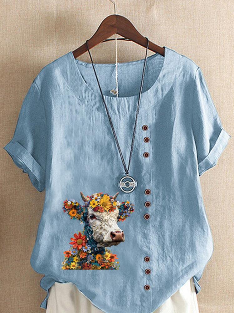 Women's Fashion Buffalo Print Round Neck Short Sleeve T-shirt Casual Cotton Linen Graphic Shirt Leisure Loose Summer Blouse Tops