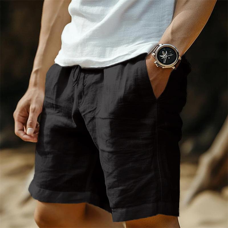 Cotton and Linen Shorts with Drawstring Elastic Waistband Straight Legs Solid Color Breathable Daily Beach Five Point Casual Men’s Shorts