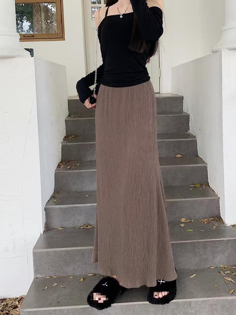 Lazy-Style High-Waisted Pleated Mermaid Skirt - Women's Casual Spring/Summer 2025 Slimming Melade Long Skirt