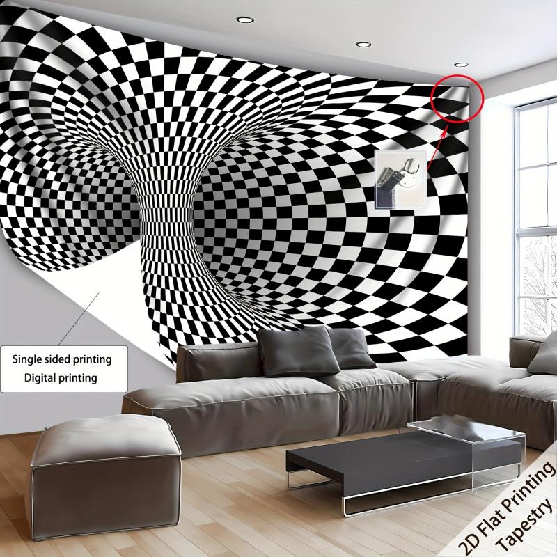 VIKAMA Optical Illusion Checkered Tapestry Black and White Geometric 3D Art Living Room Sofa Accent Wall Bedroom Decor