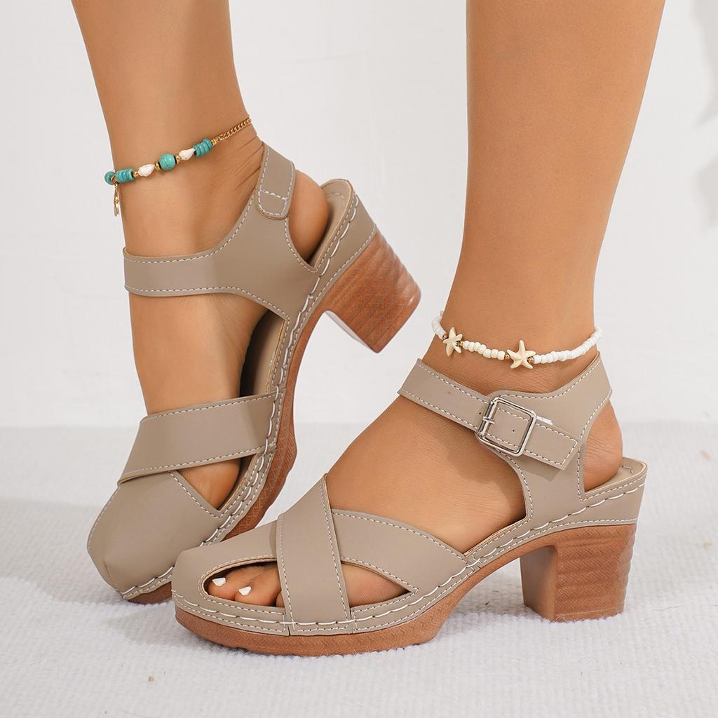 Crossstrap Thick Heel Roman Sandals Summer Large Size European and American Velcro Open-toed Casual Sandals