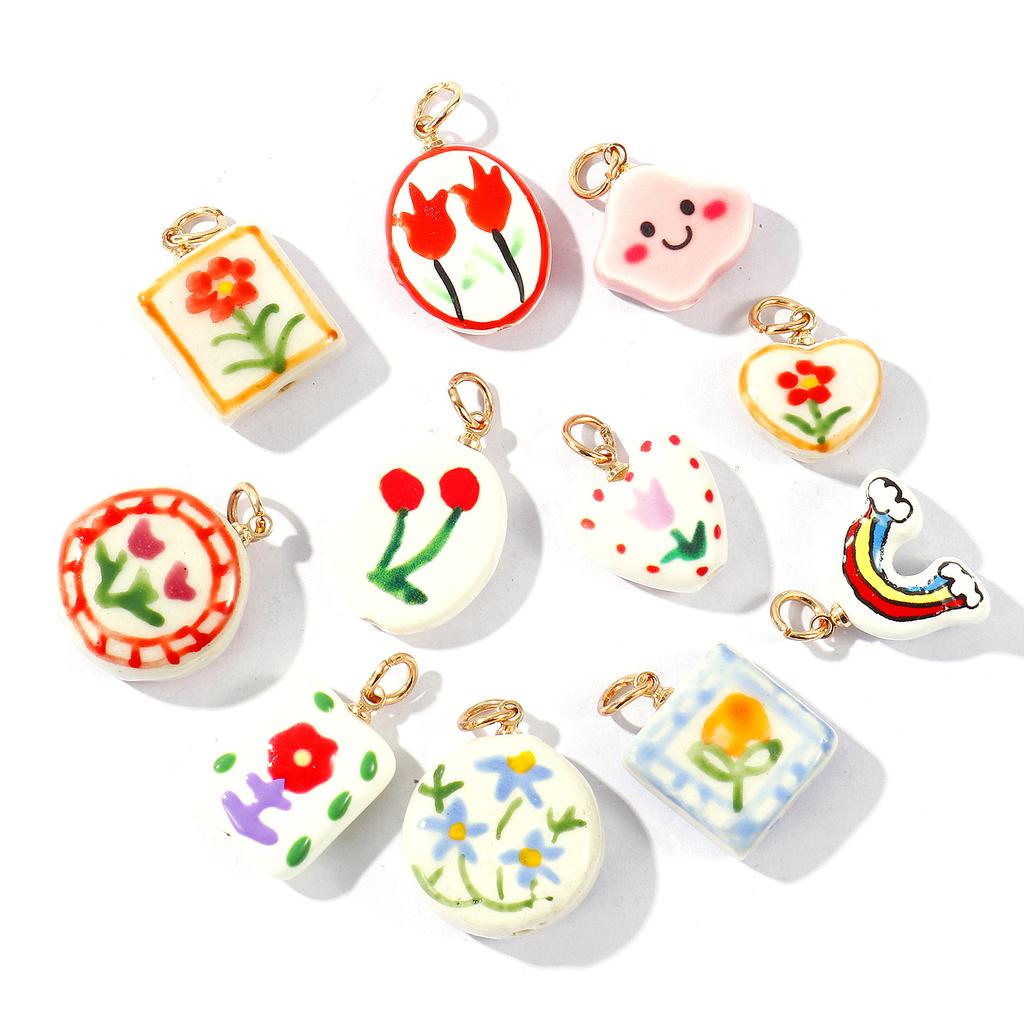 2 Pcs Ceramic Charms Multicolor Flower Rainbow Hand Drawing Double Sided Brass 18K Gold Plated Pendants For DIY Necklace Making