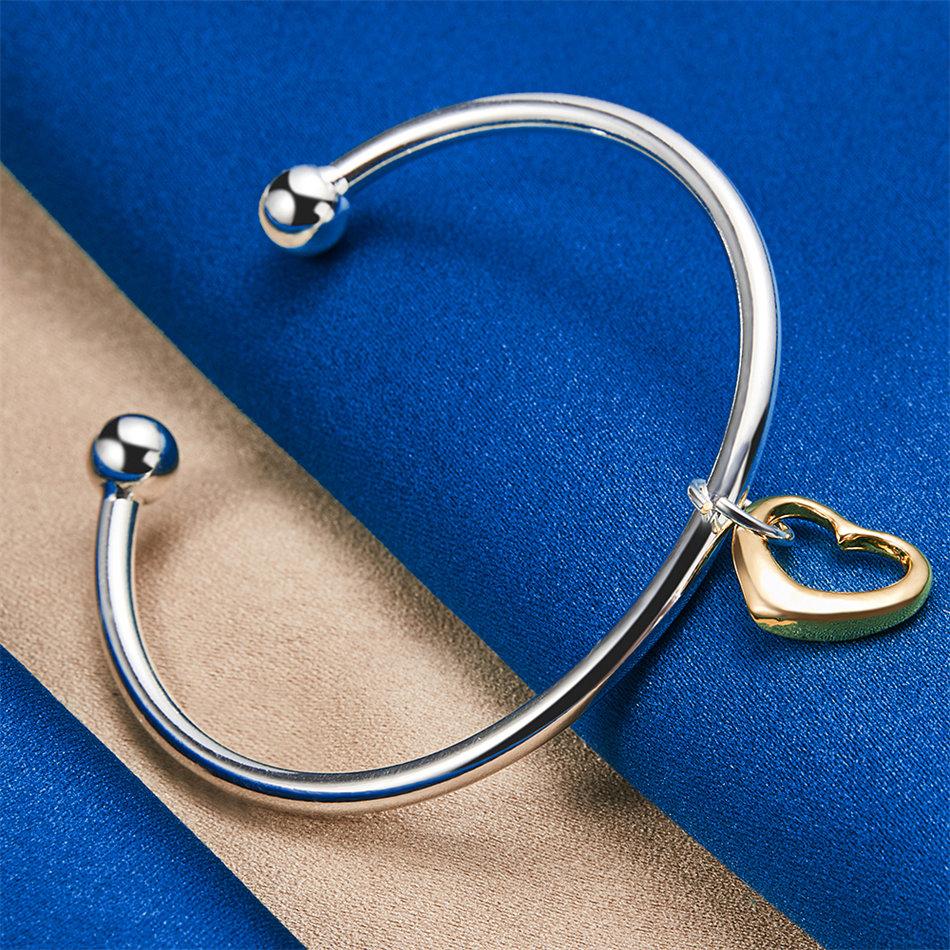 Luxurious 925 sterling silver exquisite gold heart-shaped open bracelet for women's fashion parties, wedding jewelry