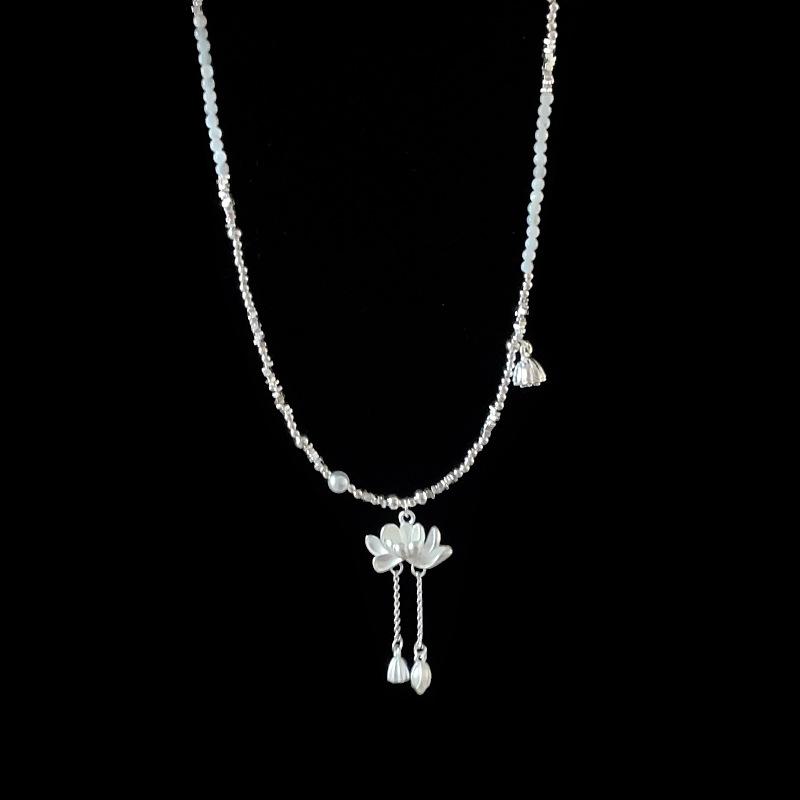 New Chinese Lotus Fringed Pendant, Broken Silver Necklace, Women'S Retro Light Luxury Elegant Personalized Versatile Neck Chain, Collarbone Chain