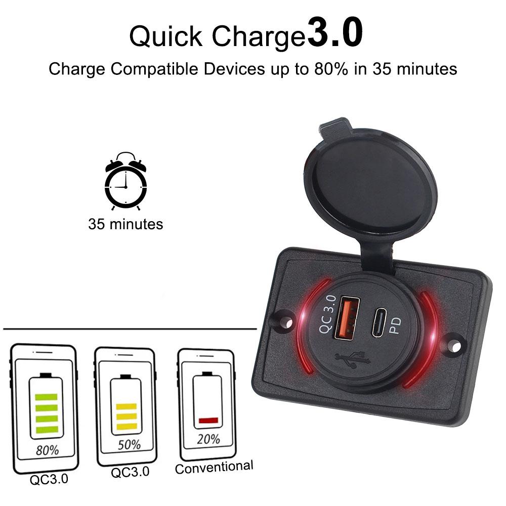 For Car Marine Boat RV LED Light Car Charger 12-24V Car USB Port Charger Waterproof Car Charger Panel Socket Adapter QC3.0+PD