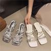 Fashion New Fashion Silver Crystal Bowknot Slipper Summer Outdoor Sandal Women Square Low Heel Beach Slip on Flip Flop Slides Shoes Size