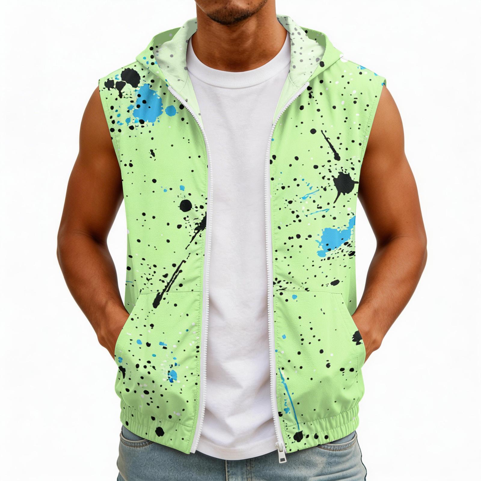 

Men s Sleeveless Hooded Sun Protection Vest Lightweight with Pockets Ink Style Print Outdoor Sportswear XXL