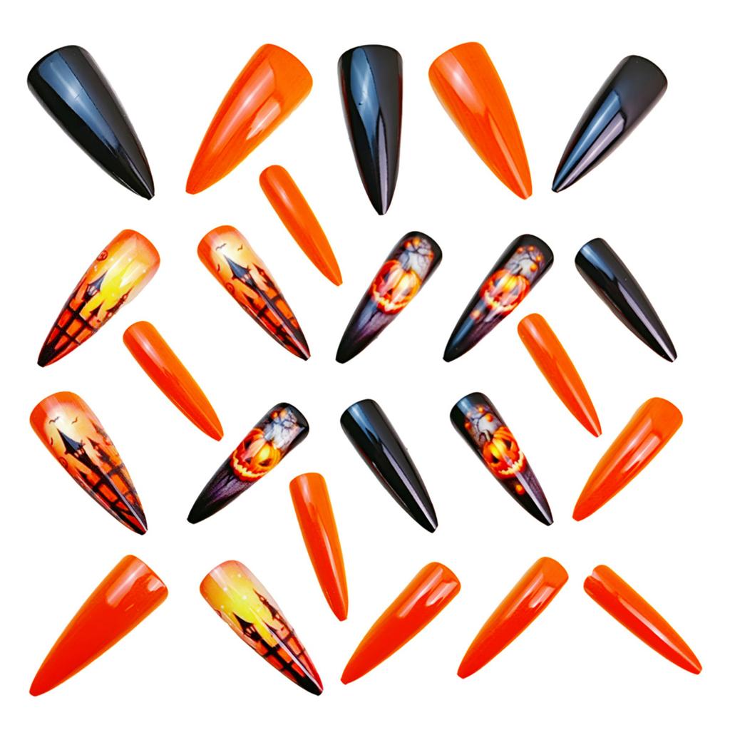 Trendy Fake Nail Halloween Theme Stylish Almond Tip Ghostly Pumpkin Art Durability Comfortable False Nail For Daily Wear