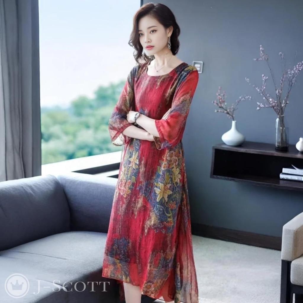 J-Scott Damen A-Linien Chiffonkleid mit Blumendruck, Rundhalsausschnitt, asymmetrischem Saum und 3/4-Ärmeln, Rot, JS15-RD-L