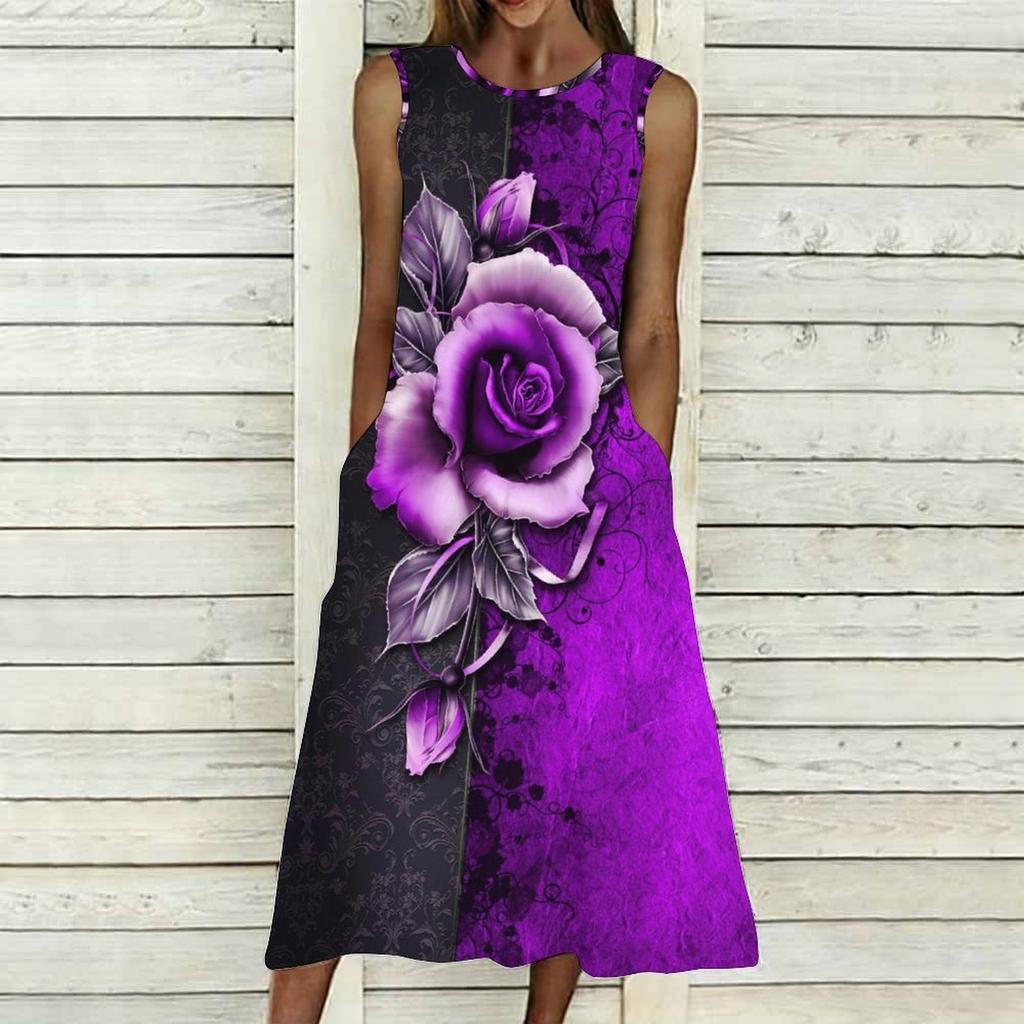 Women Oversized Sleeveless Round Neck Dress Vivid Botanical Printed Loose Midi Dress