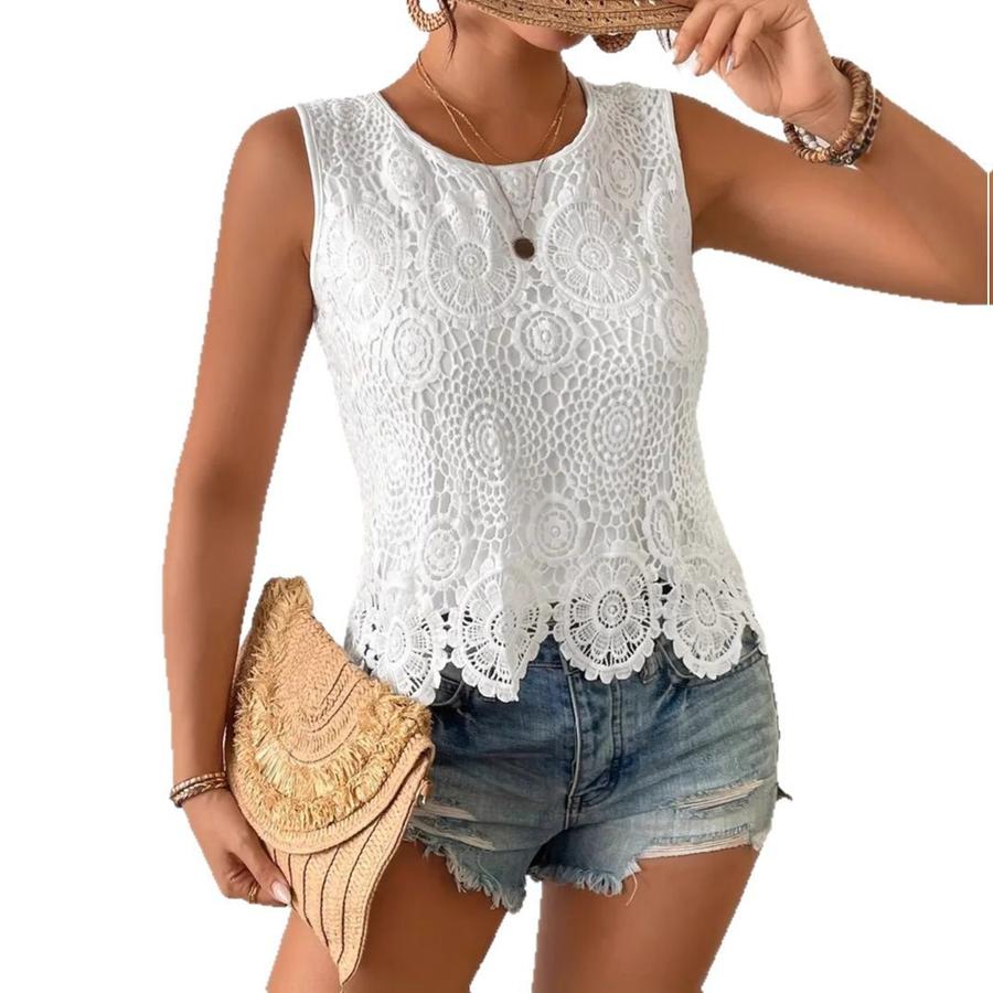 Summer New Fashion Casual Versatile Crew Neck Lace Hollow Sleeveless Backless Top Chic Elegant