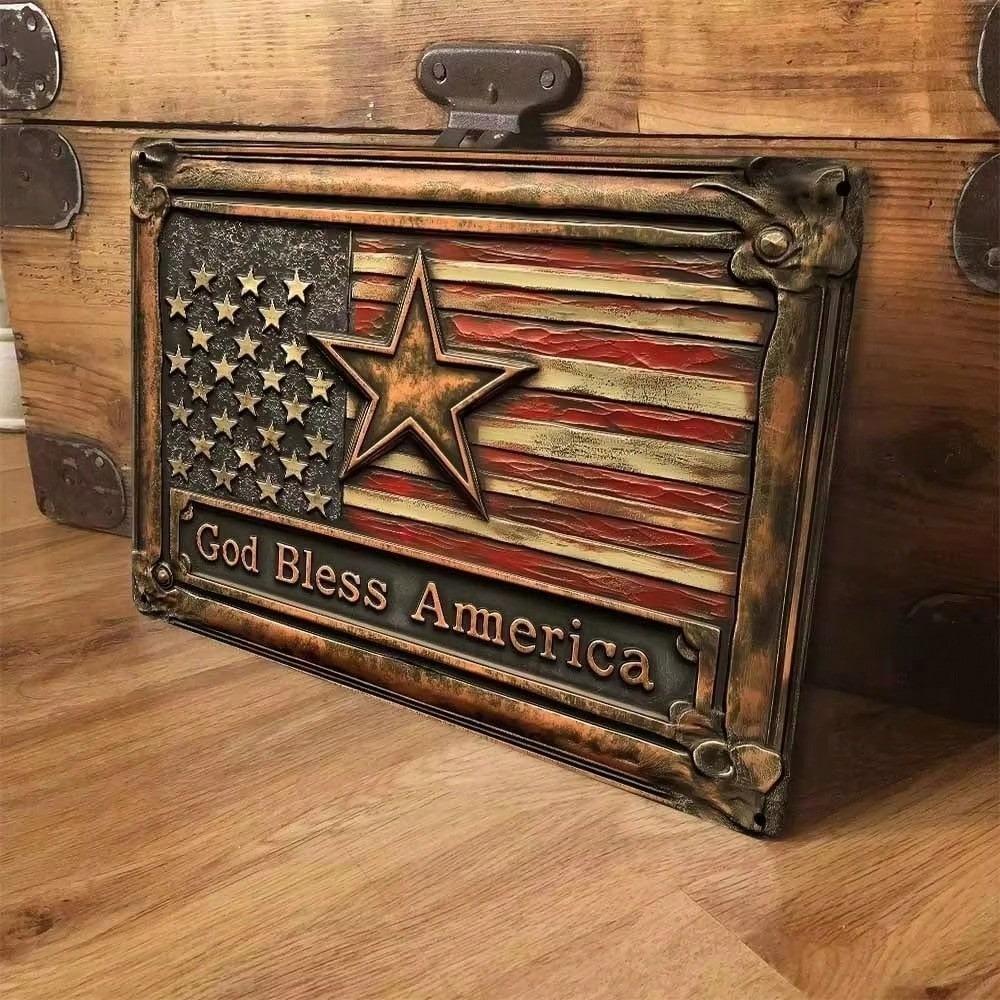Vintage America Tin Sign Patriotic Red Blue Metal Wall Decor Home Garden Memorial