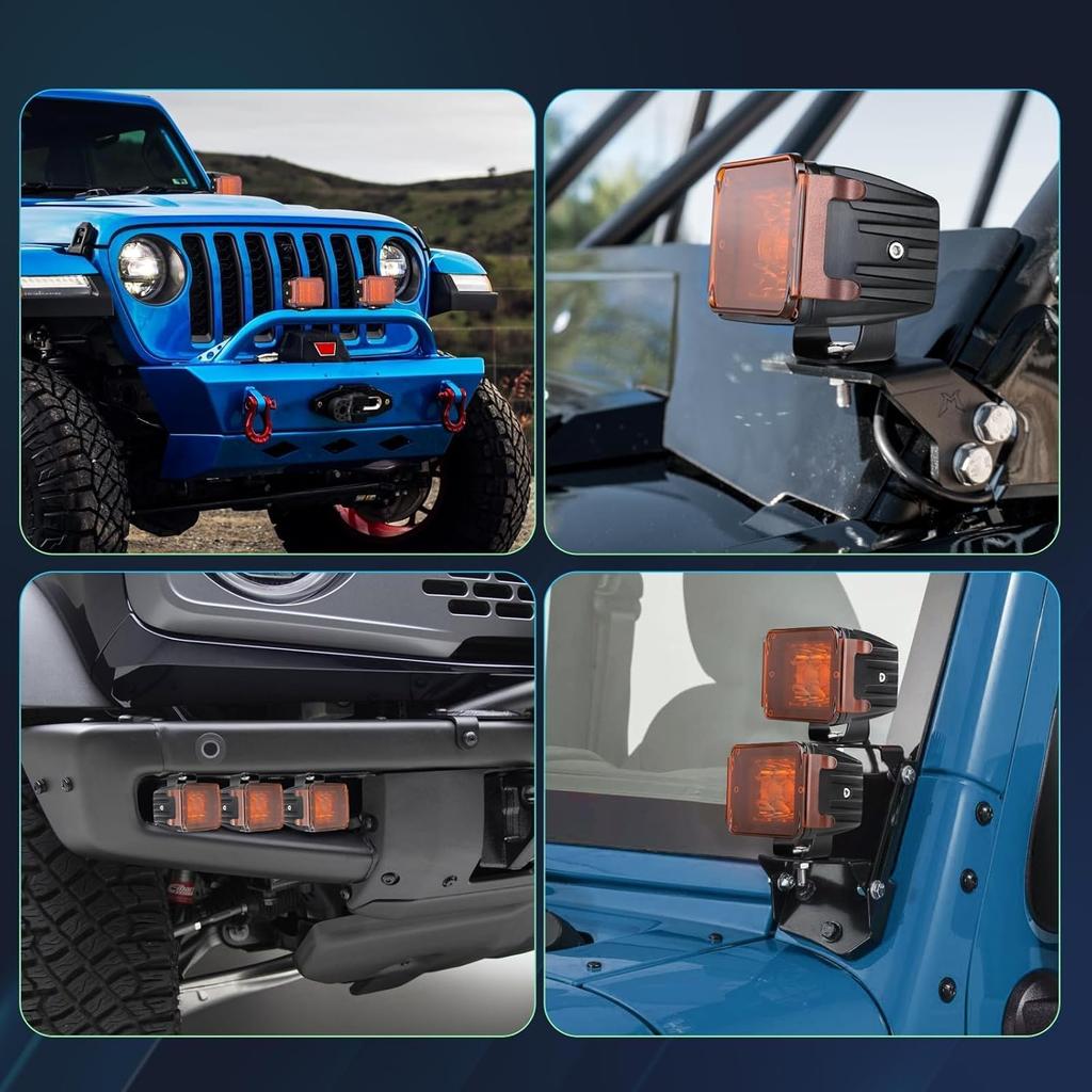 2PCS Pod Light Covers Amber 3 Inch LED Light Bar Cover Amber LED Pods 3X3 Square Work Lights Cube Covers Ditch Pods PC Lens Cover