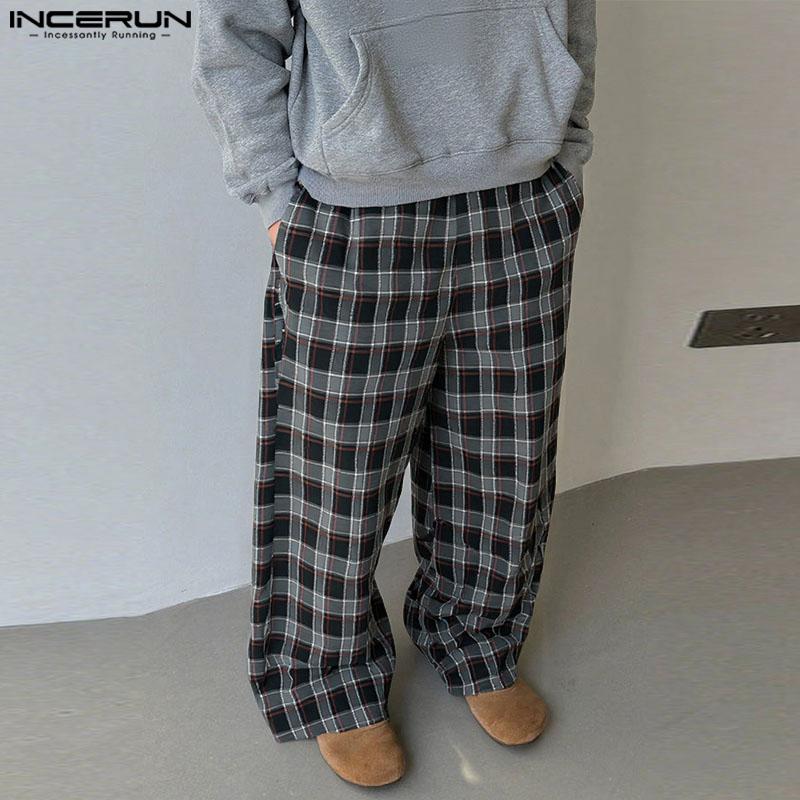 INCERUN Men Casual Loose Elastic Waist Plaid Print Wide Legs Pants Long Trousers