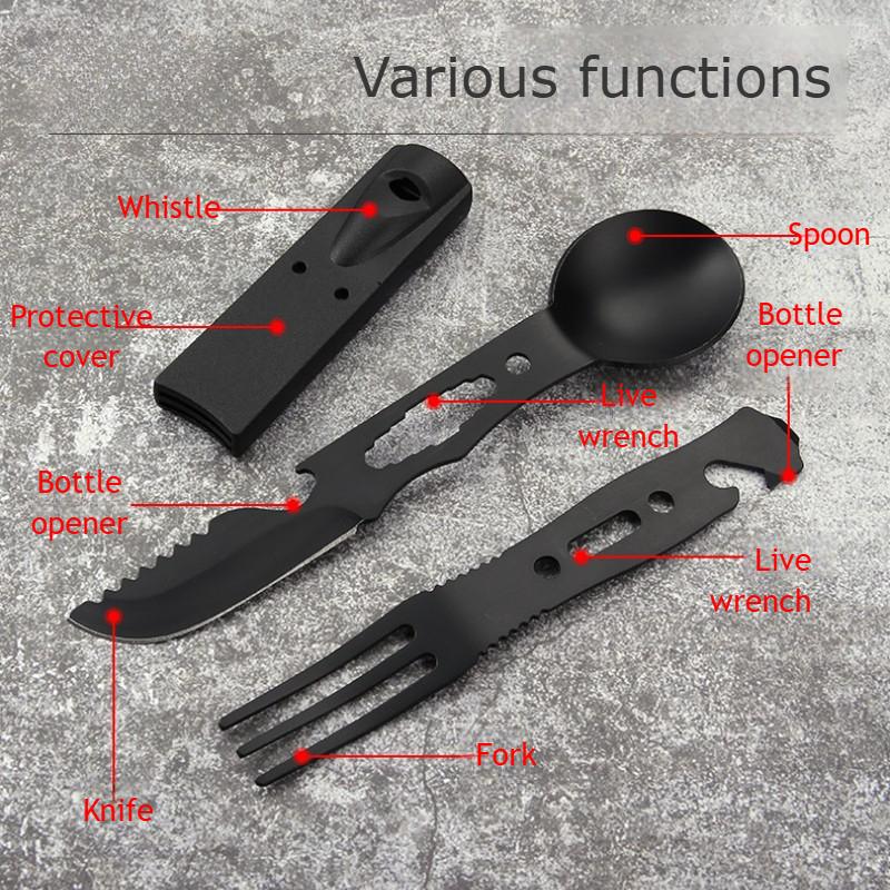5-in-1 Camping-Besteckset aus Edelstahl Löffel Gabel Messer Flaschenöffner Überlebenspfeife -16cm Kompaktes EDC-Werkzeug für Wandern Picknick Kältefest