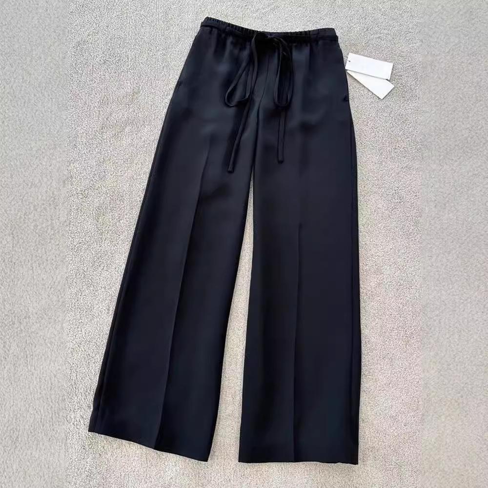 Ice Silk Black Wide-Leg Women's Pants - 2025 Summer Style, New Drapey Straight-Leg, Casual Loose Fit with Sun Protection
