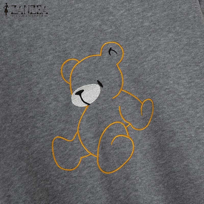 ZANZEA Dámské podzimní mikiny s kulatým výstřihem a dlouhým rukávem s potiskem medvěda v kontrastních barvách