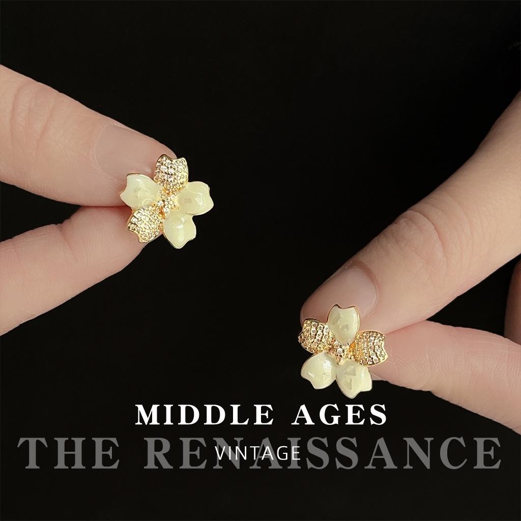 Light medieval French dripping oil zircon flower stud earrings light luxury niche literary earrings earrings