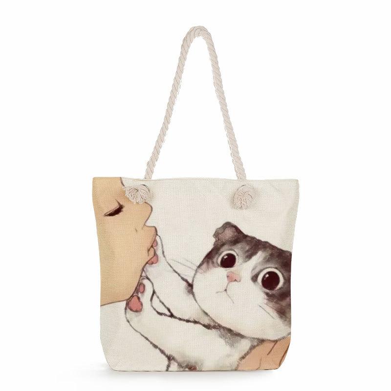 Multifunctional Cute cat Printed Thick Rope Shoulder Beach Bag 7584