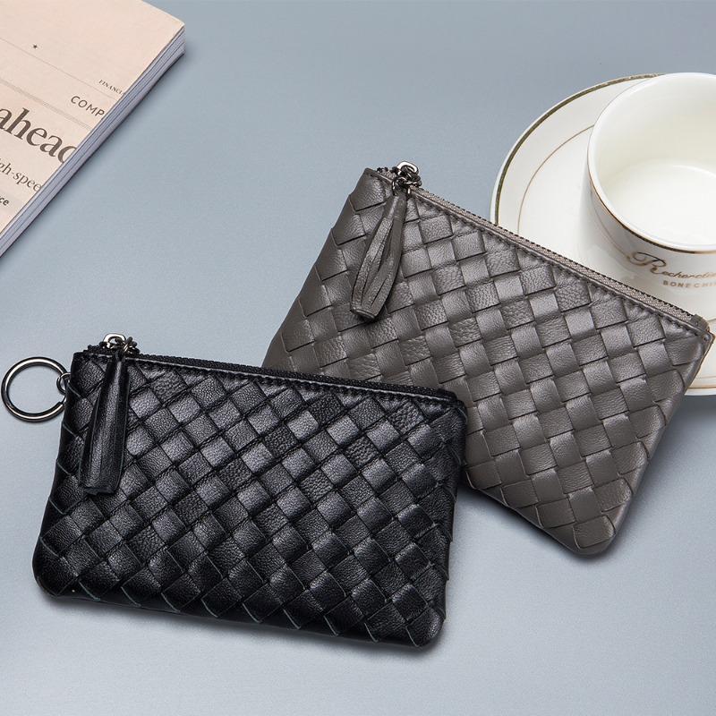 New leather short change bag, women's sheepskin woven small and ultra-thin small wallet, men's money bag storage bag, high-end sense