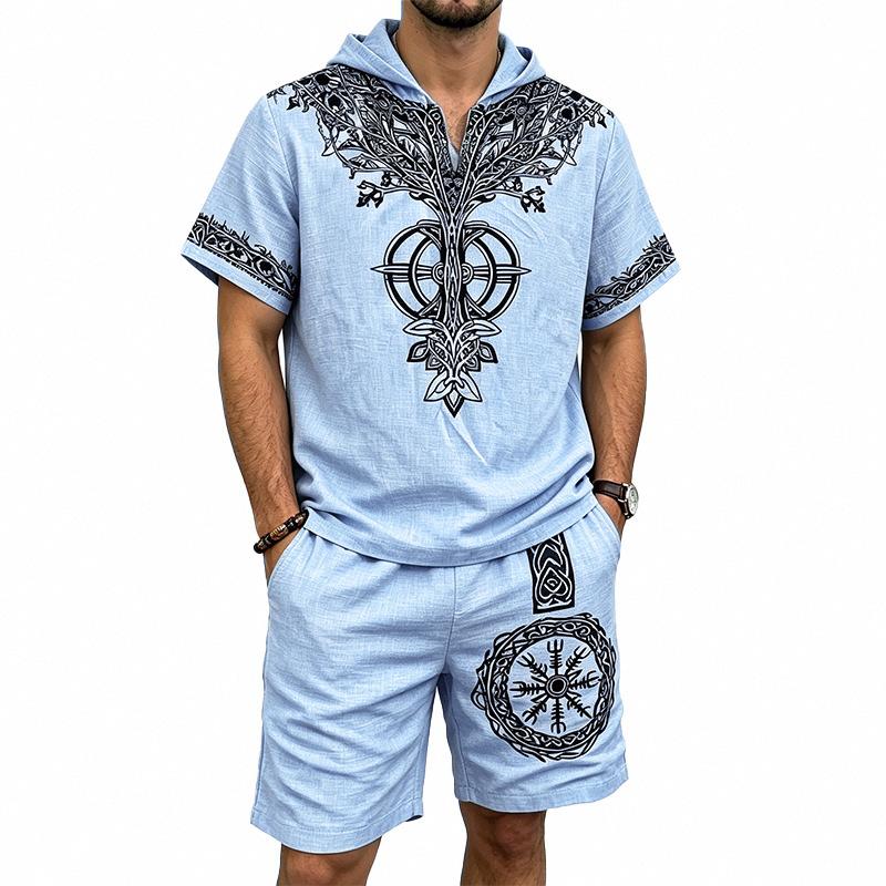 Men's European and American Casual Breathable Bamboo-Linen Hooded Shorts Set