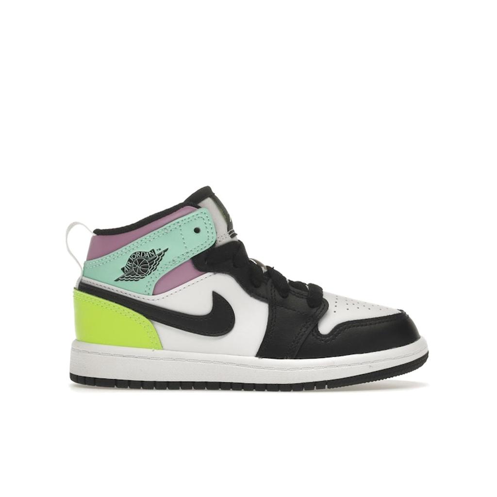 Air Jordan 1 Mid PS Pastel Kids Sneakers White Black Volt 640734-175