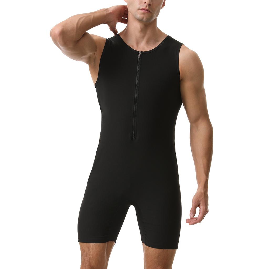Combinaison Sauna Homme Gainant Body de Course Sweat à Fermeture Éclair Entraînement avec Short Maillot de Corps Fitness Musculation Combinaison d'Exercice Débardeur Combinaison